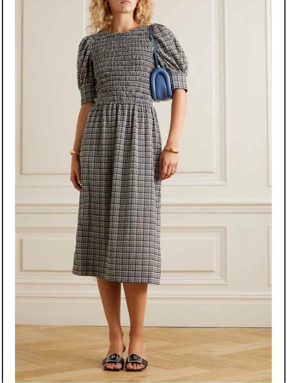 GANNI Stretch Seersucker Midi Dress size L (EU 42) in Mini Check Pattern